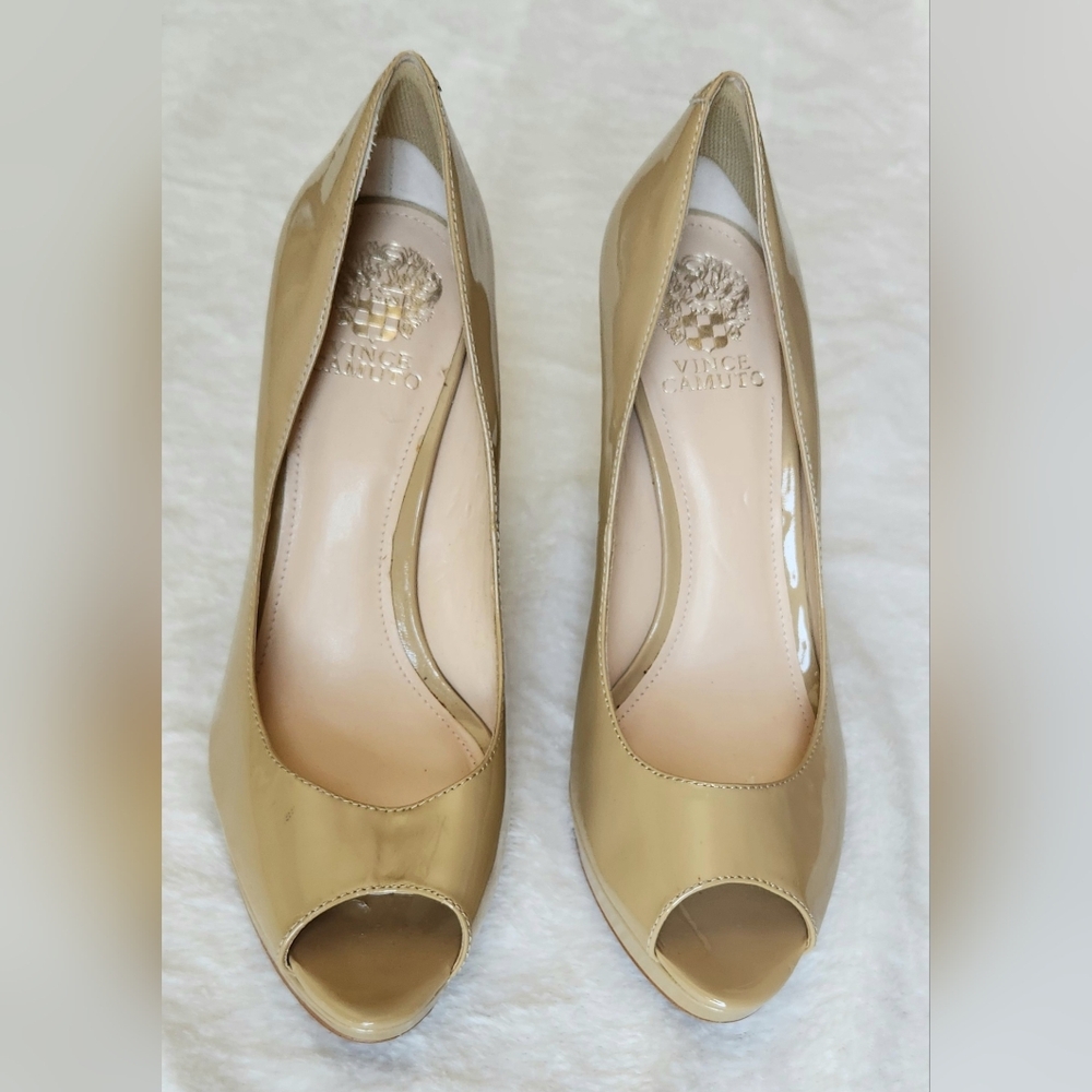 Vince Camuto Tan Patent Leather Peep-Toe Heels
